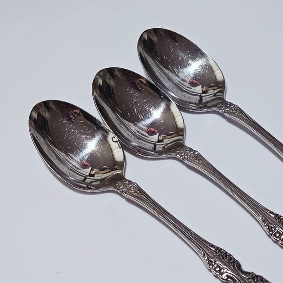 3 Oneida Renoir Pembrooke Soup Spoons 6.5" SS pierced 90s vtg Baroque - Picture 2 of 9